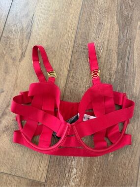 Victoria's Secret Red Strappy Cage Bra with Gold Rings